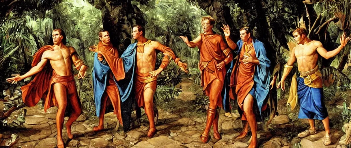 Image similar to a baroque painting of captain kirk and spock visiting an aztek temple in the jungle
