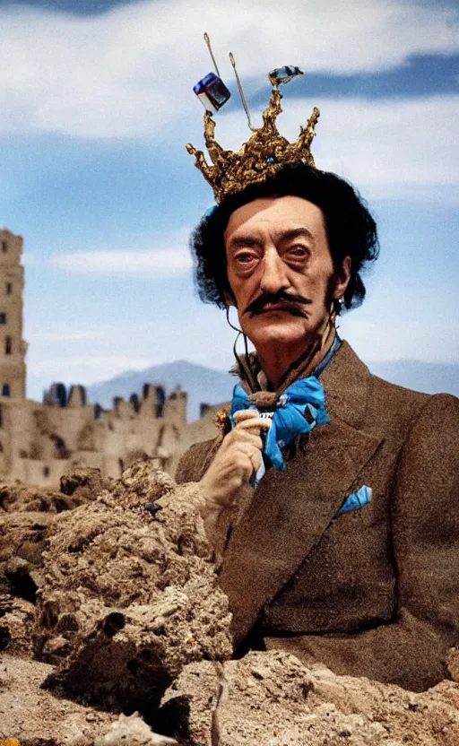 Prompt: salvador dali wearing a great crown with blue jewels and a scepter in a dry rocky desert landscape, visible sky and sunny atmosphere, alien city ruins in the background, film still from the movie by alejandro jodorowsky with cinematogrophy of christopher doyle and art direction by hans giger, anamorphic lens, kodakchrome, very detailed photo, 8 k