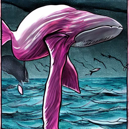 Prompt: a whale sized human mouth with large dorsal fins swimming through a dark ocean, pink skin, sinew, d & d fantasy art, concept art, character art, horror