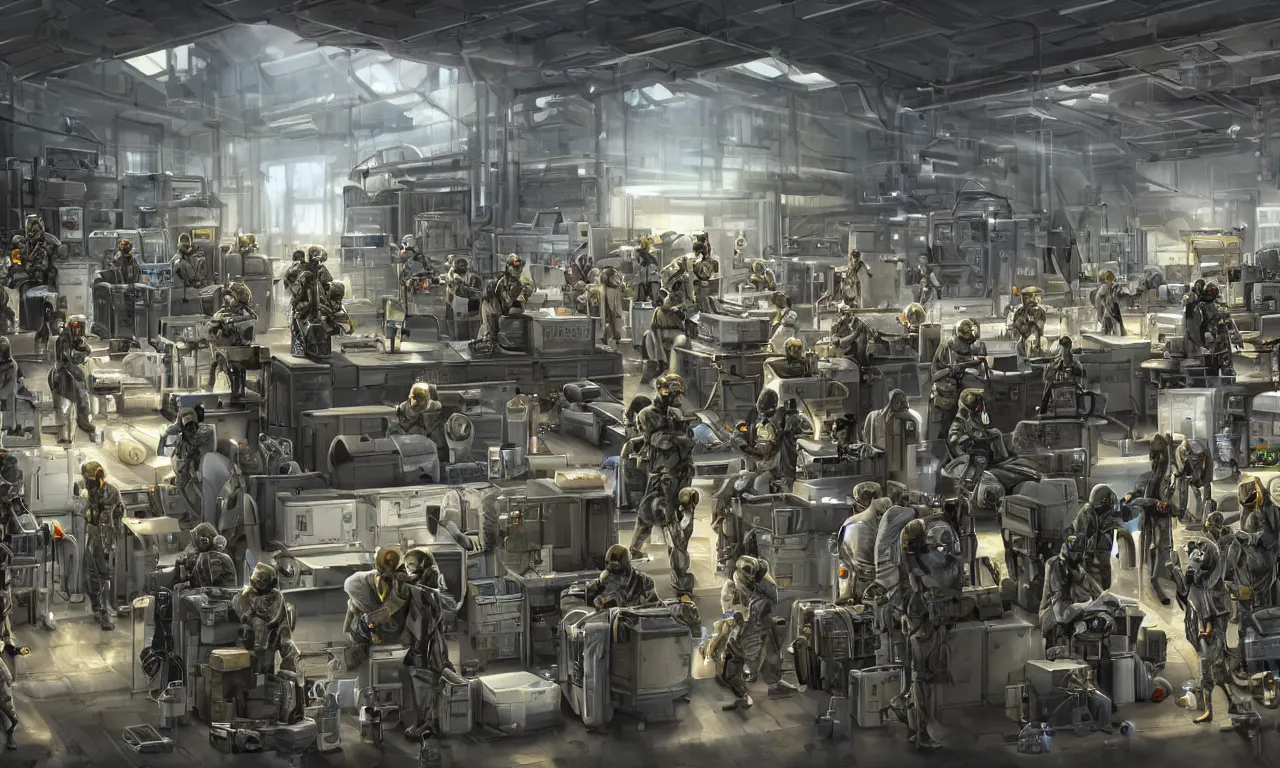 Image similar to epic scenic shot, highly detailed weapons laboratory, clean and organized, quantum technology, bright lights, warehouse, with anthropomorphic furry researchers in military uniforms and hazmat suits, carrying guns, tables, parts, gun scraps, windows, sci fi, Extremely detailed digital art, furry art, furaffinity, DeviantArt, HD artstation