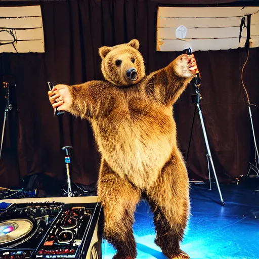 Prompt: an instagram photo of a grizzly bear dressed in hip hop street clothes in front of a dj table holding a microphone