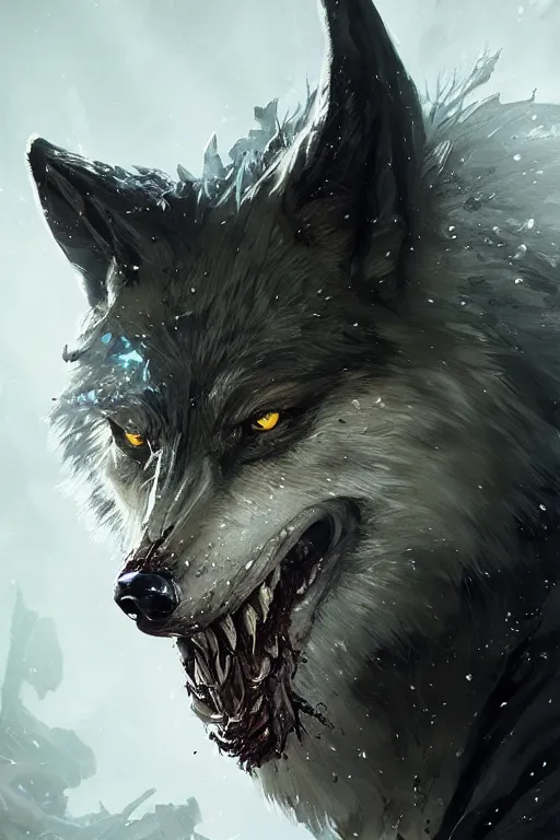 Image similar to a fancy portrait of a zombiefid wolf with crystal teeth by Greg Rutkowski, Sung Choi, Mitchell Mohrhauser, Maciej Kuciara, Johnson Ting, Maxim Verehin, Peter Konig, final fantasy , mythical, 8k photorealistic, cinematic lighting, HD, high details, atmospheric,