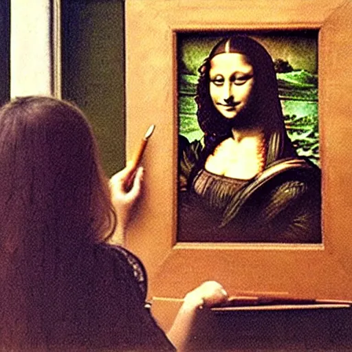 Image similar to rare old photo from behind of leonardo da vinci painting his unfinished painting of monalisa date 1 5 0 3