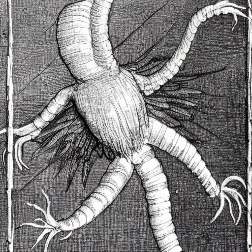 Prompt: leonardo da vinci sketch of a strange worm creature with wings