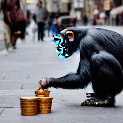 Image similar to a chimpanzee picking up pennies on a street in manhattan, depth of field, breathtaking, detailed and intricate environment, 8 k resolution, hyperrealistic