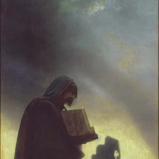 Image similar to half portait of magican wearing a closed cowl and carrying big old book! jeremy mann, jean leon gerome, tiepolo, alphonse mucha, greg rutkowski, face in the shadows, ( ( ruins of ancient rome ) ), at dusk, mysterious atmosphere, sunrays, dof, masterpiece, high detailed, 8 k