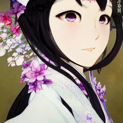 Image similar to A close-up anime portrait of Ssunbiki as a beautiful Japanese noblewoman with fox ears wearing a silk kimono from Skyrim, by a professional manga illustrator, Stanley Artgerm Lau, WLOP, Rossdraws, James Jean, Andrei Riabovitchev, Marc Simonetti, and Sakimichan, tranding on artstation