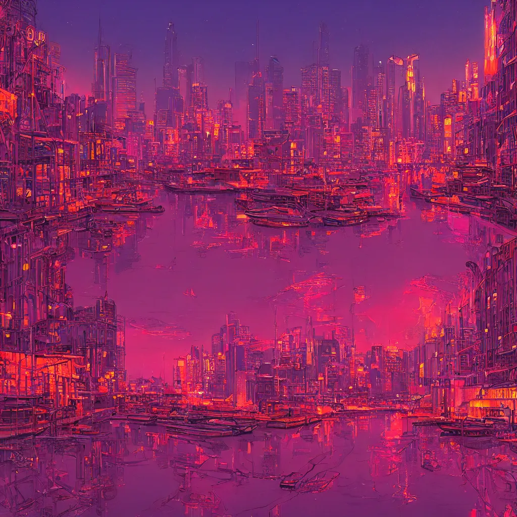 Image similar to the city lights were bright pink and orange and shone overhead. the harbour looked beautiful the sun reflecting off of the water and the neon lights of the city gave of a warm feeling, trending on artstation, by moebius