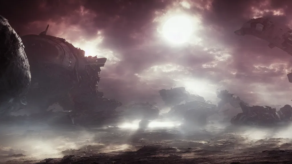 Image similar to an epic battle between two alien civilizations over a destroyed earth, scifi post apocalyptic scene with volumetric fog, cinematic lighting