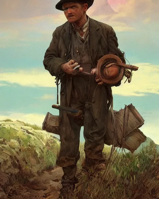 Prompt: side portrait Appalachian bootlegger boy with detailed features, moonshining still in the backdrop, dirt, Appalachian mountains, sharp focus, illustration, highly detailed, oil painting, matte, art by Greg Rutkowski and Alphonse Mucha, masterpiece