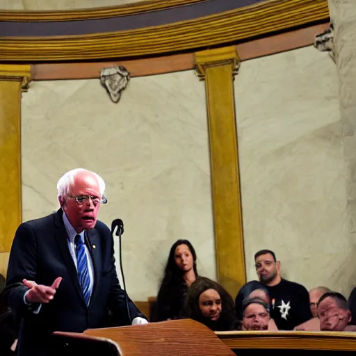 Prompt: Bernie sanders giving a speech in the senate chambers to various other bernie sanders