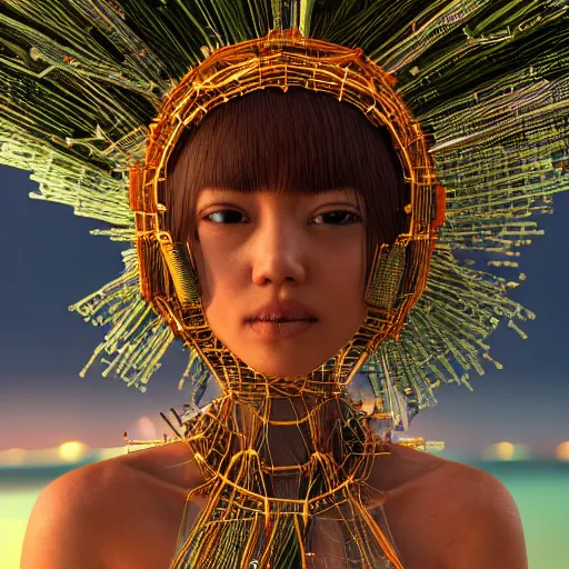 Image similar to piles of modular synth cables mixed with mangrove roots, kawaii puerto rican goddess staring through your soul wearing a headpiece made of circuit boards, by makoto shinkai, masamune, and stanley kubrick, unique perspective, eastman color, trending on artstation, cinematic, 3 d render, photorealistic