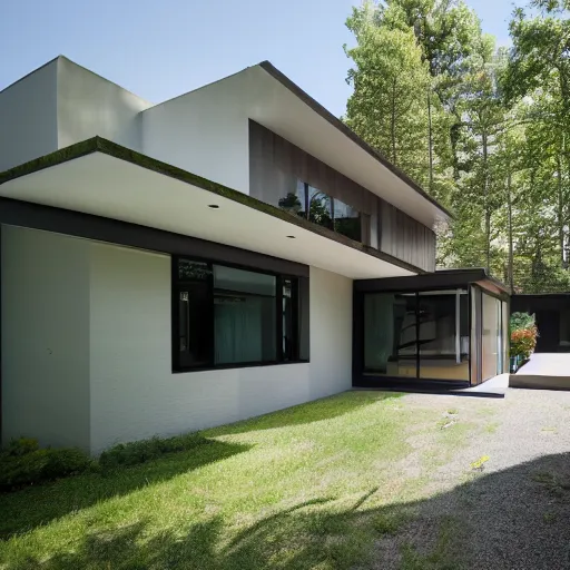 Prompt: late late modernist home, front house exterior photo