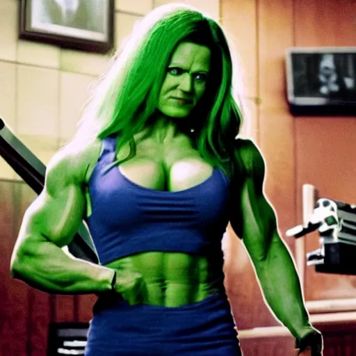 Prompt: she - hulk, attorney at law, bench - pressing the judge's bench, still from new live - action film, 8 k, promotional image