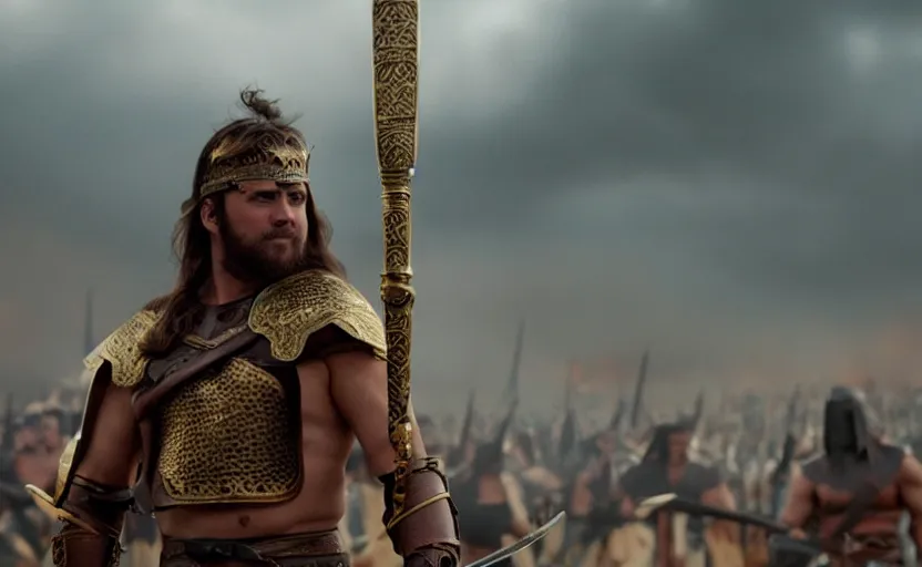 Image similar to cinematic still of a warrior with brown hair wielding a golden hilted sword in the style of 300 movie,