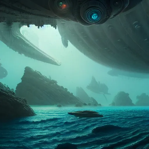 Image similar to a matte painting of alien underwater landscape of lush flora, remnants of old spaceship, alien creatures emerging, morning, by Giger and Ralph McQuarrie and Bruce Pennington, cinematic lighting, ambient light, hyperrealism, nvidia, octane render, 8k, iridescent accents, vray, deviantart