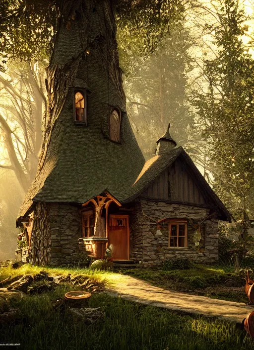 Image similar to hyper realistic homely witch cottage with random architectural styles, in the woods gorgeous lighting, highly detailed, lush forest painting by norman rockwell, james gurney zdzisław beksinski and norman rockwell and greg rutkowskiweta octane render