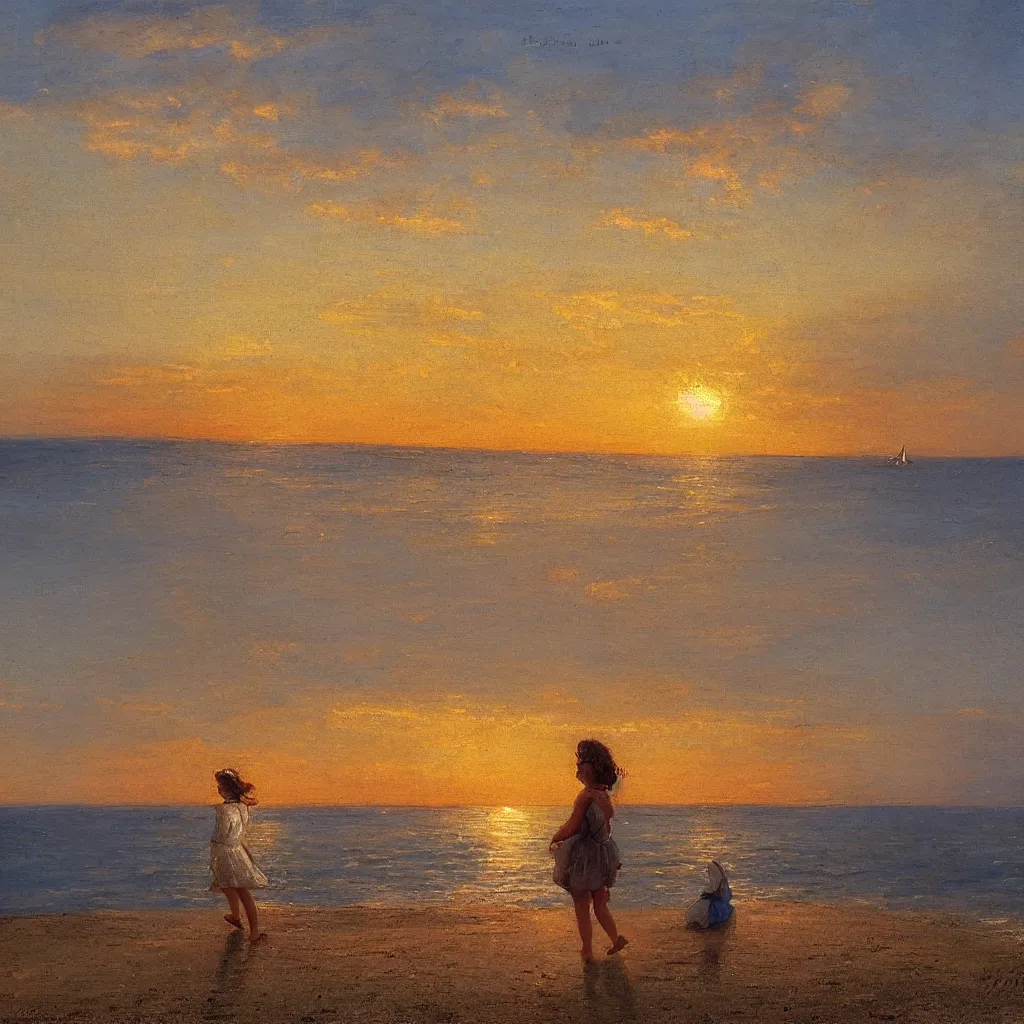 Image similar to a girl on the beach watching a beautiful radiating sunset, Nice France by Claude Lorraine