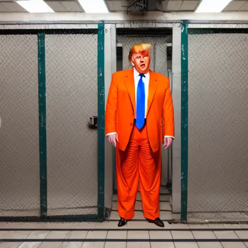 Prompt: photographic still of donald trump in jail, orange prisonner gear, medium shot, photorealistic, ultradetailed, filthy and humid prison, natural light, by terry richardson