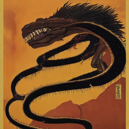 Image similar to demiurge head face eyes fangs serpent serpent python wearing a lion costume furry ears neck neck tall long viper tombow peter doig greg rutkowski giorgio de chirico arsen savadov dan witz vik muniz