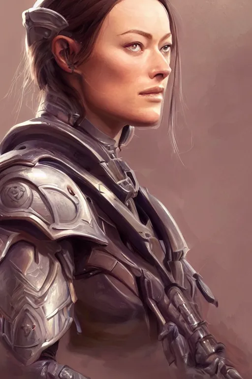 Image similar to a professional painting of a young Olivia Wilde, clothes in military armor, olive skin, long dark hair, beautiful bone structure, symmetrical facial features, intricate, elegant, digital painting, concept art, smooth, sharp focus, illustration, from StarCraft by Ruan Jia and Mandy Jurgens and Artgerm and William-Adolphe Bouguerea