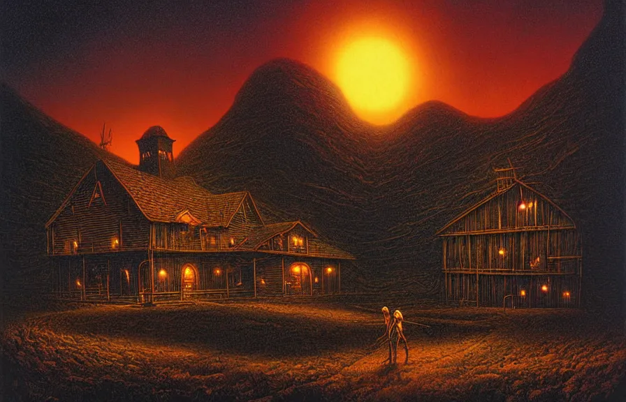 Prompt: horror artwork, a farm in the mountain, at night, by michael whelan, dirty