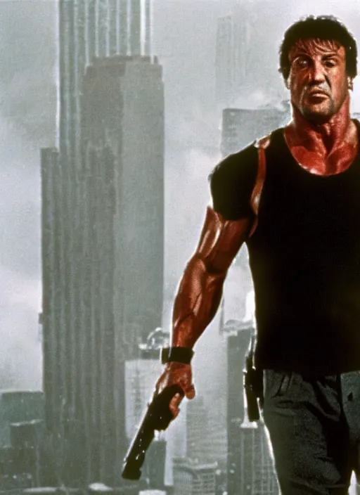 Prompt: film still of Sylvester Stallone as John McClane in Die Hard, 4k