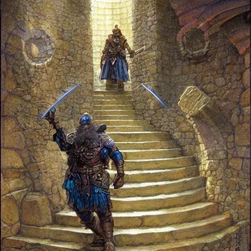 Image similar to The dwarven warrior cleric is standing on the stone spiral staircase and is confused, art by Donato Giancola and James Gurney, digital art, trending on artstation