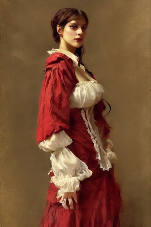 Image similar to Solomon Joseph Solomon and Richard Schmid and Jeremy Lipking victorian genre painting full length portrait painting of a young beautiful woman traditional german french fashion model pirate wench in fantasy costume, red background