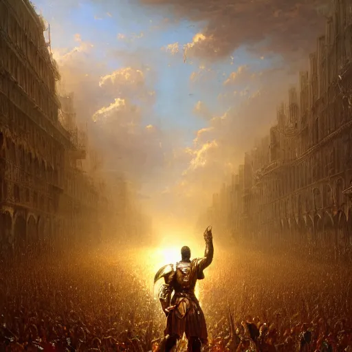 Image similar to artstation concept of a man in armor standing in a crowd gettig cheered, man with arms wide open, bright colorful, gold, hyperdetailed, artstation trending, world renowned artists, worth 1 0 0 0. com, historic artworks society, antique renewel, cgsociety, by greg rutkowski, by gustave dore, deviantart