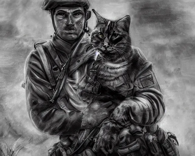 Image similar to A soldier holding a warrior cat in world war 1, close-up, realistic face, sharp facial features, mature facial features, black and white, amazing digital art, hyper detailed, artstation, in the style of Tony Sart