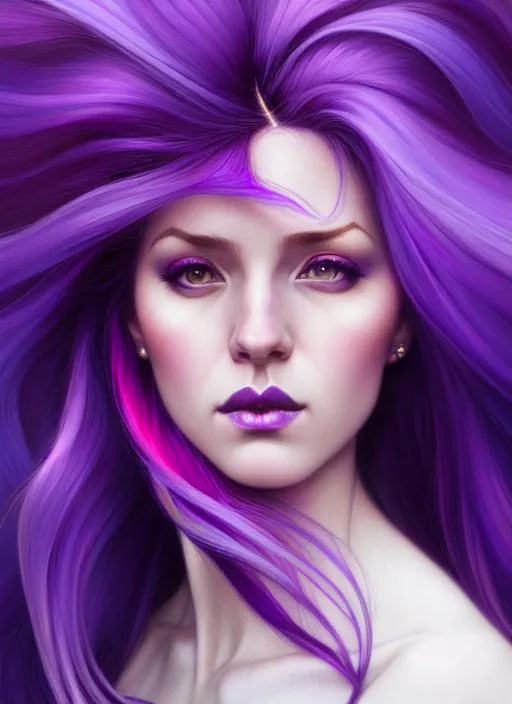 Image similar to Purple hair relistic Portrait of a woman with bright colored flying hair, all shades of purple. Hair coloring, long hair, fantasy, intricate, elegant, highly detailed, digital painting, artstation, concept art, smooth, sharp focus, illustration, art by artgerm and greg rutkowski and alphonse mucha