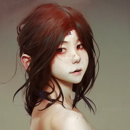 Image similar to demonic evil seductive fourteen year old japanese girl, tomboy, evil smile, freckles!!!, fully clothed, highly detailed, digital painting, artstation, concept art, sharp focus, illustration, cinematic lighting, art by artgerm and greg rutkowski and alphonse mucha
