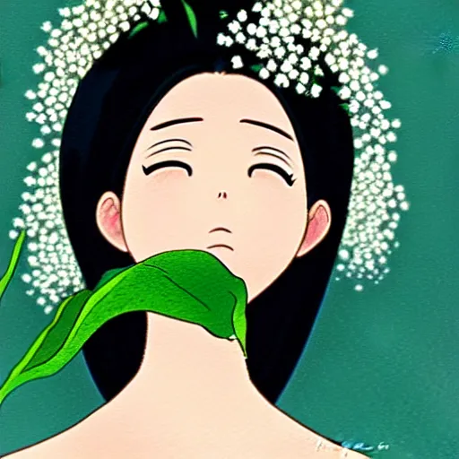 Image similar to beautiful mexican woman, dancing in a tulip and baby's breath field, dark skin, septum piercing and nose ring, prominent cheek bones, black hair and brown eyes, studio ghibli art style, art by hayao miyazaki, makoto shinkai