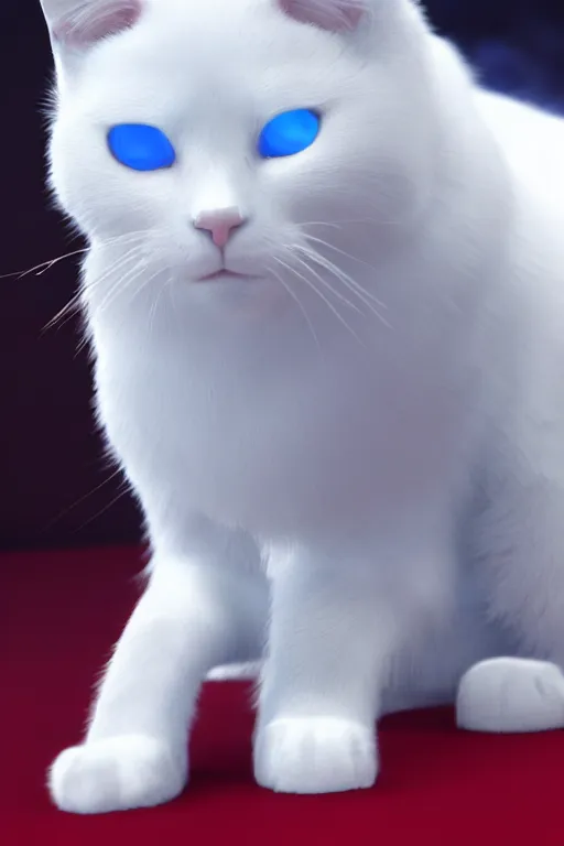 Image similar to a white cat with blue eyes wearing a red formal overcoat, hyperrealistic, concept art, octane render, unreal engine 5, realistic and defined face, profile picture, digital art, pixar and disney style, symmetrical, high quality, highly detailed, high coherence, path traced, house background, low contrast, beautiful