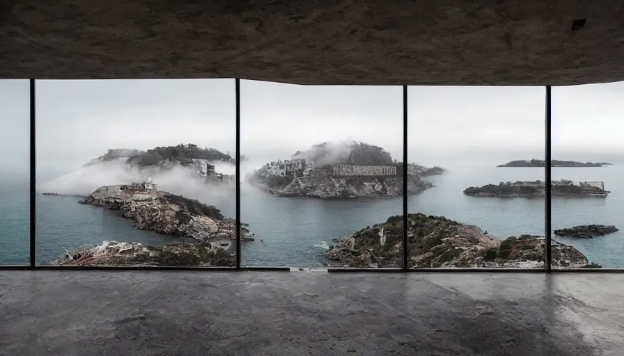 Image similar to military brutalist base perched on a cliff overlooking a magnificient bay, drawing architecture, fog horizon, pritzker architecture prize, greig fraser