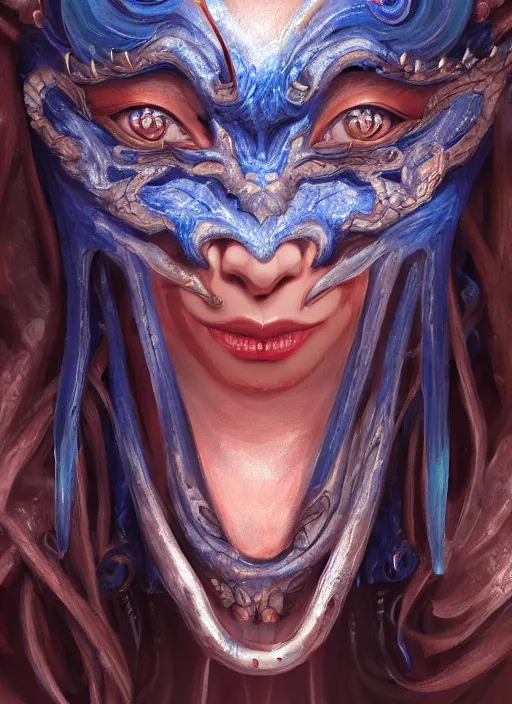 Image similar to a beautiful detailed oil on copper art illustration of a japanese blue devil mask devil woman, centered, by charlie bowater, zeng fanzh, trending on artstation, dim dusk lighting, cinematic lighting, detailed lighting, volumetric lighting, realistic, f 8, 4 k hd wallpaper