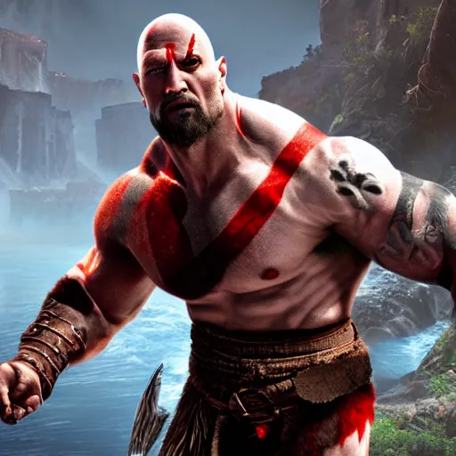 Image similar to dwayne johnson as kratos from god of war, detailed, unreal engine 5