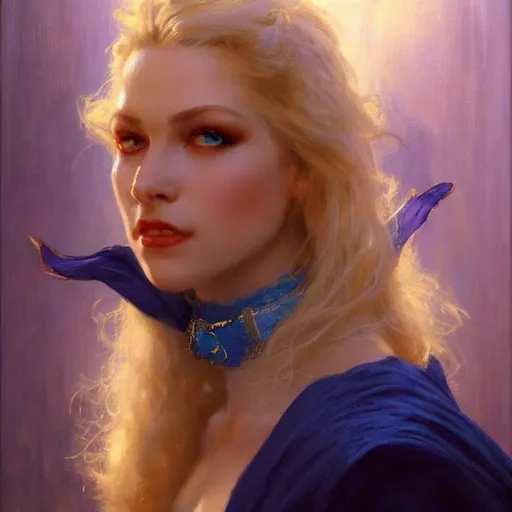 Image similar to detailed cinematic wide shot of beautiful attractive blonde vampire woman slim face symettrical face clean skin blue eyes black robe smooth, sharp focus, ultra realistic, spring light, painting by gaston bussiere, craig mullins, j. c. leyendecker