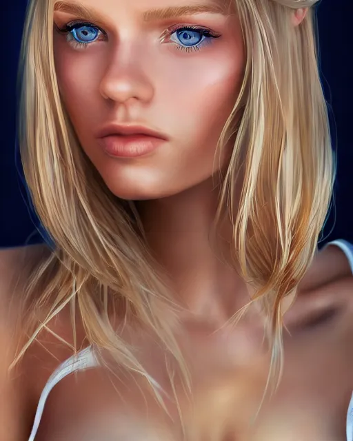 Prompt: closeup of beautiful blonde female with blue eyes, award winning portrait photography, extremely detailed, artstation, 8 k, sensual lighting, incredible art, wlop, artgerm, backlit, rim lighting, hi - fructose, cellshading, intricate lineart