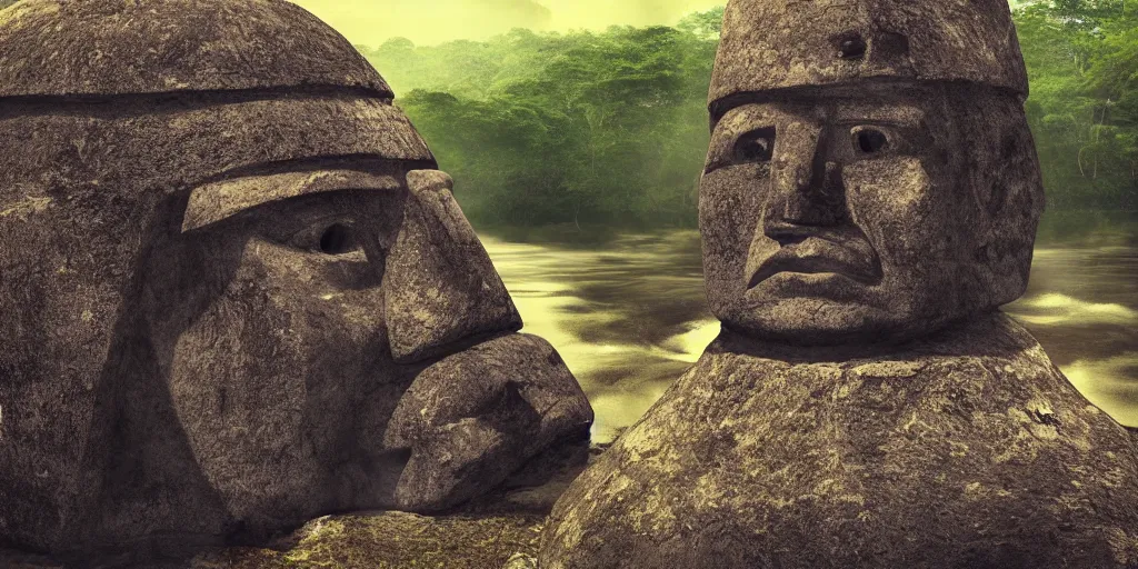 Prompt: olmec head statue on top of a column, at the center of a river delta in the amazon forest, dramatic landscape, volumetric light, digital art, trending on deviantart