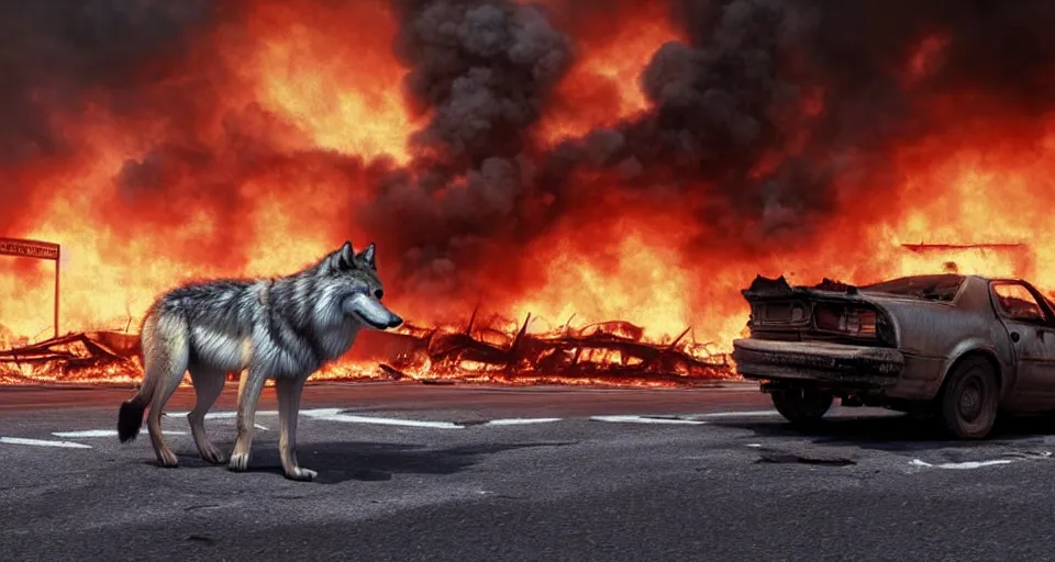 Prompt: A beautiful hyper realistic ultra detailed lifelike matte painting of a scruffy grey Timber Wolf standing in the middle of a destroyed New York City street with cars and buildings engulfed in flames on fire, unreal engine, deviantart, flickr, artstation, octane render, dimly lit, textured, colorful, extreme realistic detail, physically based rendering, pbr render, very detailed, volumetric lighting, detailed lighting, octane render, 4k, cinematic lighting, 8k resolution