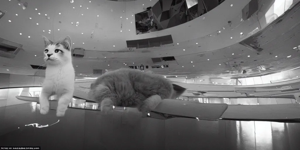 Image similar to an amazing award winning photo of a cat floating in the International Space Centre, hyperdetailed