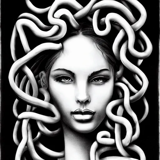 Image similar to medusa portrait painting, black and white, arstation, detailed, blurred background