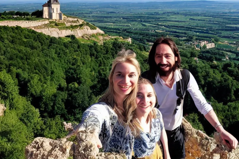 Image similar to selfie from a mobile phone of happy jesus and happy mary magdalene standing on a cliff looking over a beautiful landscape in france, in love, rennes - le - chateau, award winning photo, wide angle lens, very detailed, photorealistic