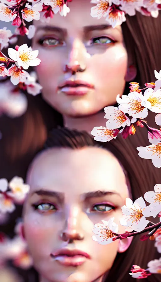 Prompt: photo of a gorgeous young european female in the style of stefan kostic, realistic, half body shot, sharp focus, 8 k high definition, insanely detailed, intricate, elegant, art by stanley lau and artgerm, extreme blur cherry blossoms background