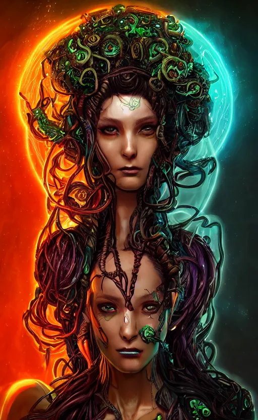 Prompt: An epic fantasy comic book style portrait painting of a very beautiful nebulapunk Medusa with symmetrical facial features and lots of cyberpunk and cybernetic bio-luminiscent snakes as hair, awesome pose, in the center of the image, golden ratio, full body, vibrant dark mood, unreal 5, hyperrealistic, octane render, cosplay, RPG portrait, dynamic lighting, intricate detail, cinematic, HDR digital painting, 8k resolution, enchanting, otherworldly, sense of awe, award winning picture, Hyperdetailed, blurred background, backlight, Gsociety, trending on ArtstationHQ, dreamscape.