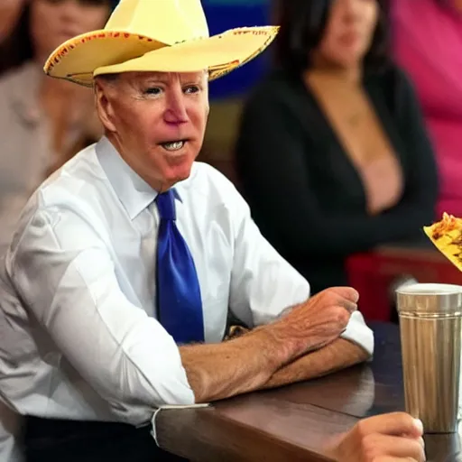 Prompt: joe biden wearing a sombrero eats tacos at mexican restaurant