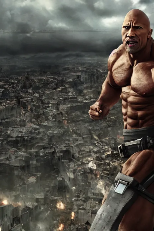 Prompt: dwayne the rock johnson collosal titan, 4 k screenshot from attack on titan, hyper detailed massive obama towering above, 8 k realistic, trending in artstation, digital painting, studio quality, cryengine