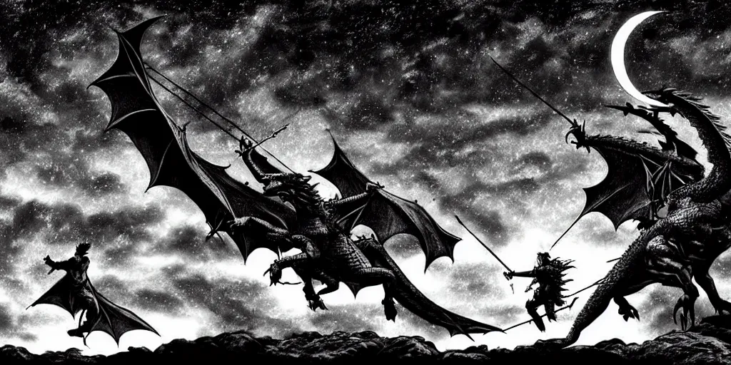 Prompt: archer. dragon. night sky. moon. mountain. dark fantasy. epic fight. detailed. digital art. black and white. by kentaro miura